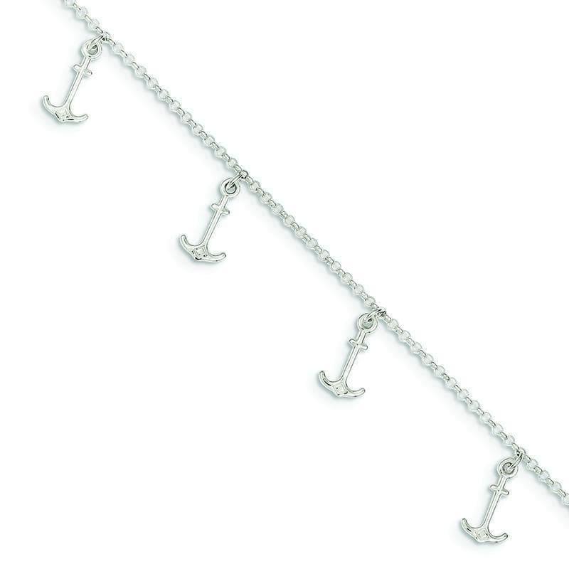 Sterling Silver Polished Anchors w- 1in ext. Anklet | Weight: 3.27 grams, Length: 9mm, Width: mm - Seattle Gold Grillz