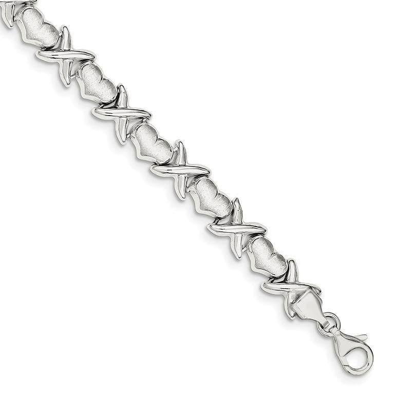 Sterling Silver Polished and Satin X and Hearts Bracelet | Weight: 9.65 grams, Length: 7mm, Width: 0mm - Seattle Gold Grillz