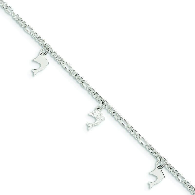 Sterling Silver Polished and Textured Dolphin w- 1in ext. Anklet - Seattle Gold Grillz