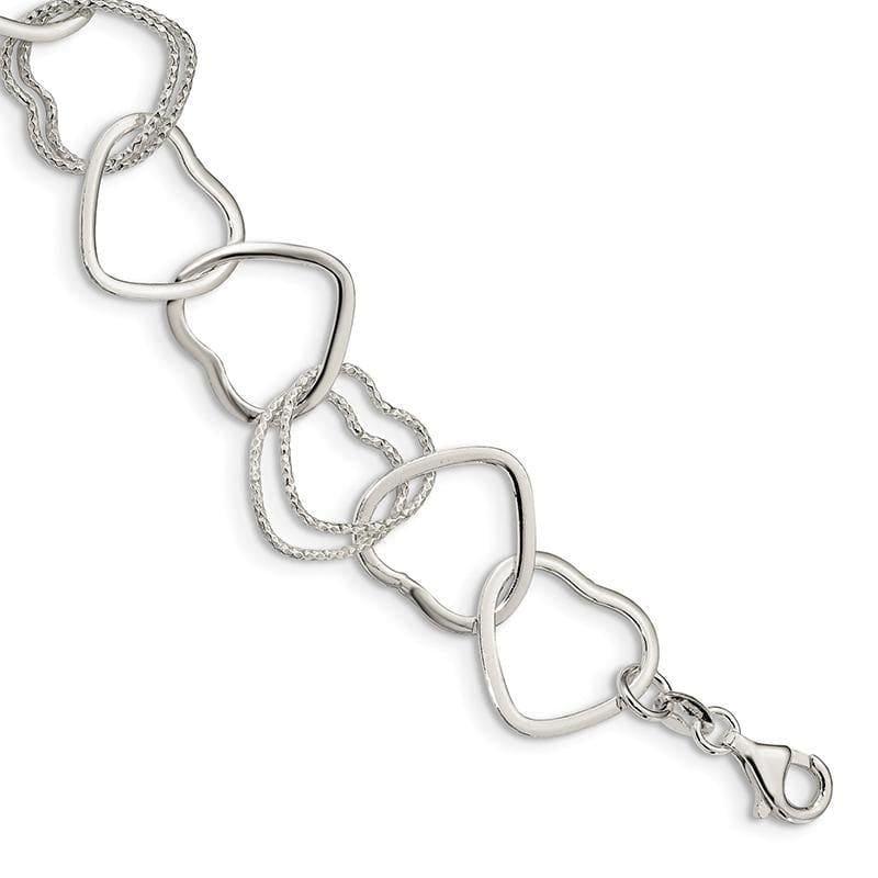 Sterling Silver Polished and Textured Heart Link Bracelet | Weight: 6.89 grams, Length: 7.5mm, Width: mm - Seattle Gold Grillz