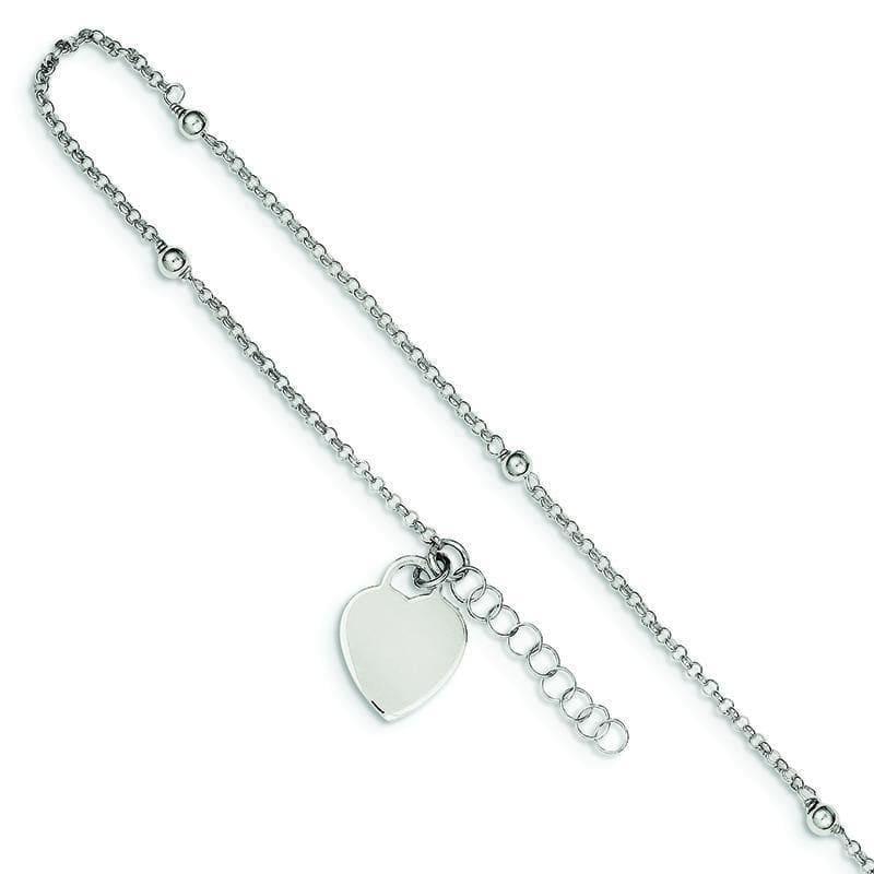 Sterling Silver Polished Bead and Heart w- 1in ext. Anklet | Weight: 2.76 grams, Length: 9mm, Width: mm - Seattle Gold Grillz