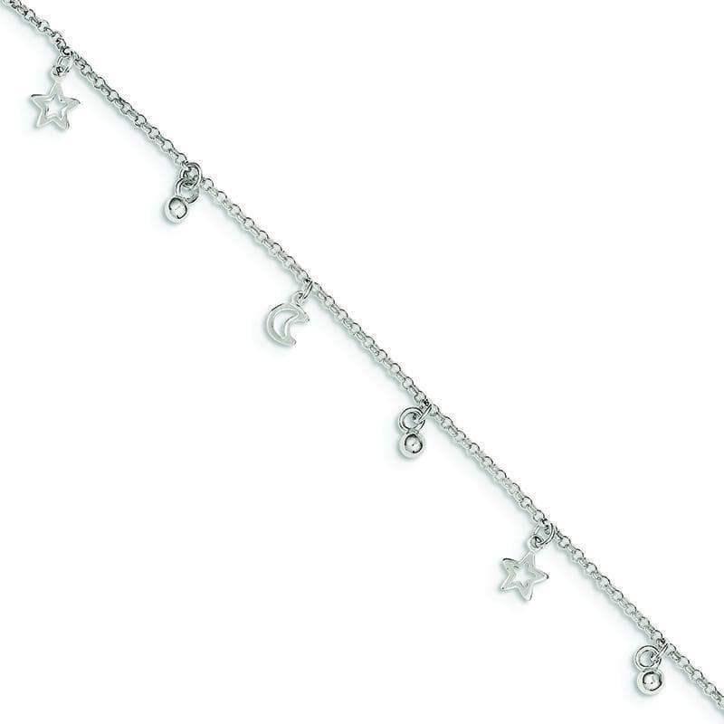Sterling Silver Polished Bead Star & Moon w- 1in ext. Anklet | Weight: 2.7 grams, Length: 9mm, Width: mm - Seattle Gold Grillz