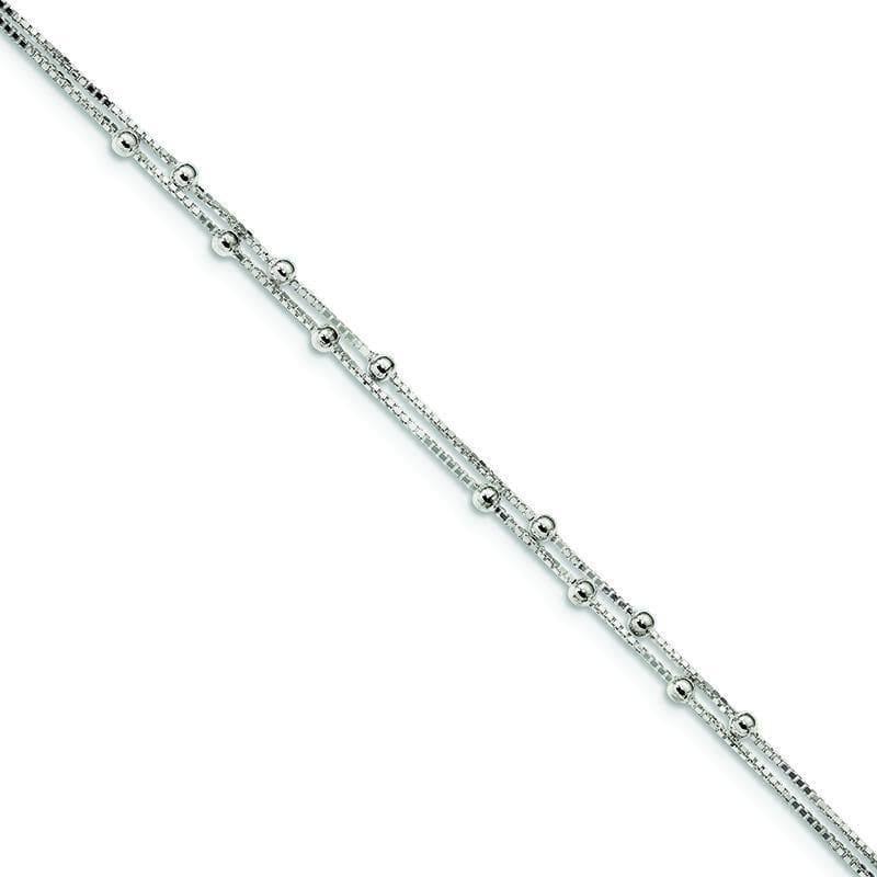 Sterling Silver Polished Beaded 2-strand 9 inch w-1 inch ext. Anklet | Weight: 2.68 grams, Length: 9mm, Width: 0.8mm - Seattle Gold Grillz