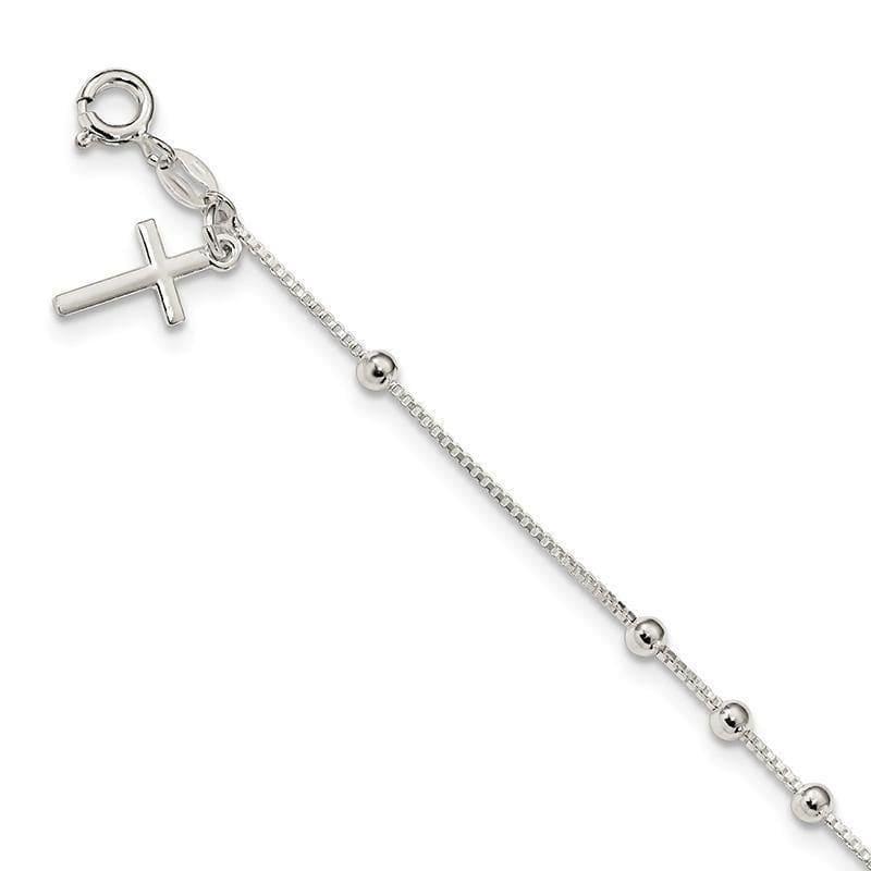 Sterling Silver Polished Beaded Cross 7.25in Bracelet | Weight: 2.32 grams, Length: 7.25mm, Width: 3.16mm - Seattle Gold Grillz