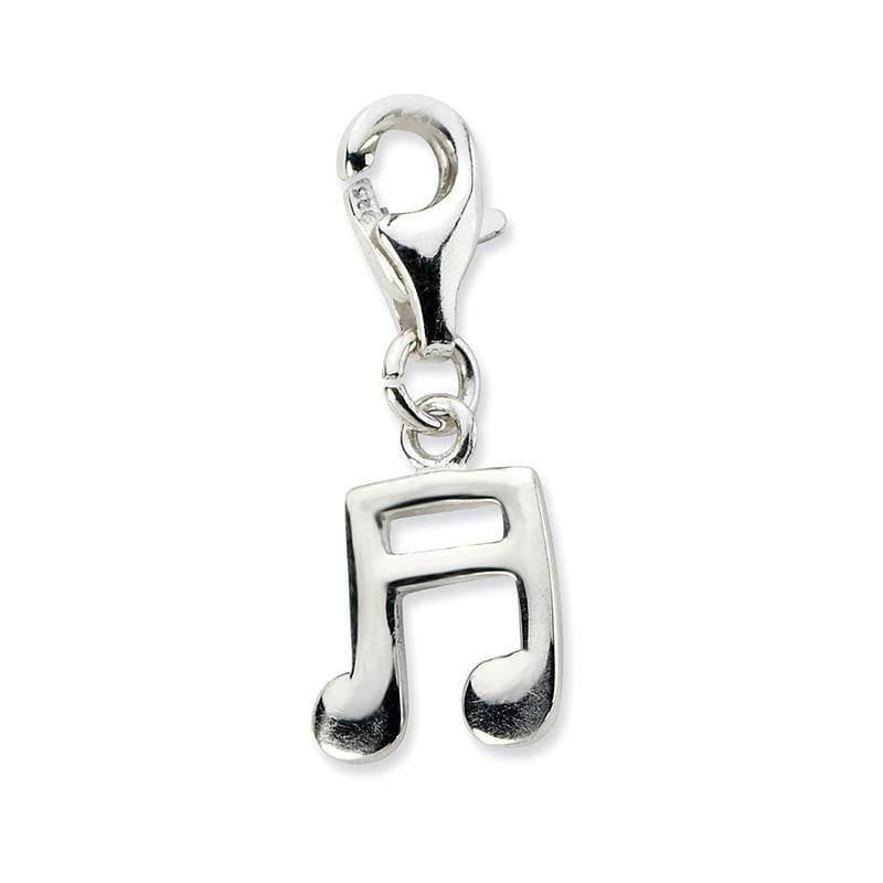 Sterling Silver Polished Beamed Sixteenth Note w-Lobster Clasp Charm | Weight: 0.9 grams, Length: 31mm, Width: 9mm - Seattle Gold Grillz