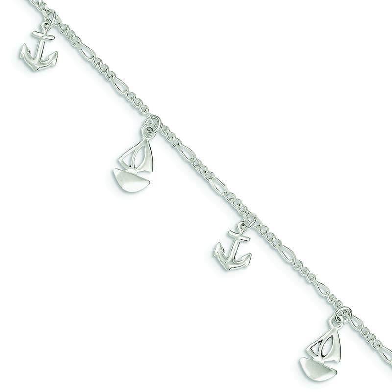 Sterling Silver Polished Boat and Anchor w- 1in ext. Anklet | Weight: 4.71 grams, Length: 9mm, Width: mm - Seattle Gold Grillz