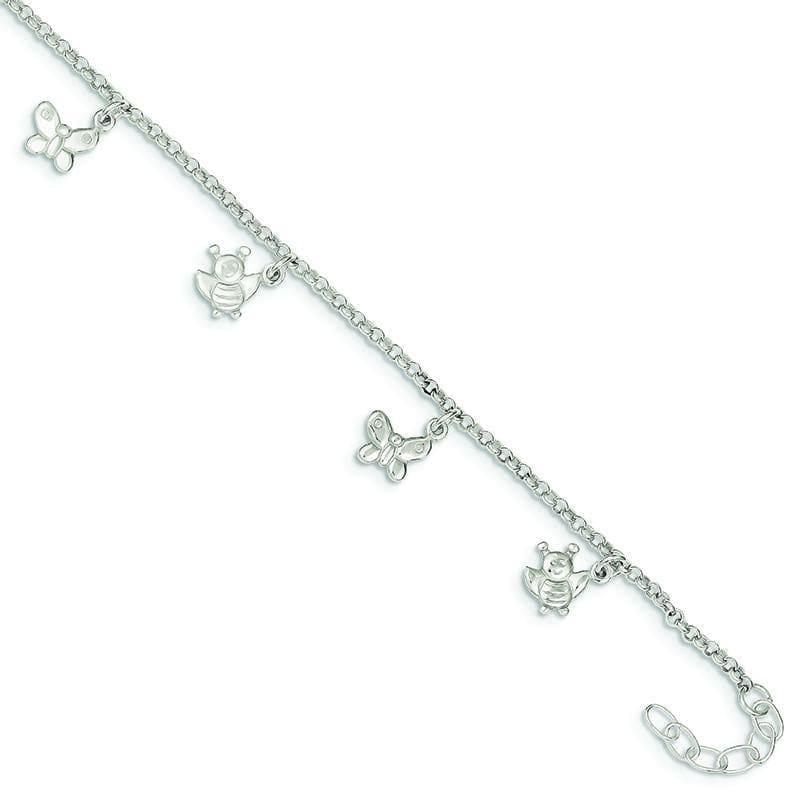 Sterling Silver Polished Butterflies & Bumble Bee Anklet | Weight: 5.86 grams, Length: 10mm, Width: mm - Seattle Gold Grillz