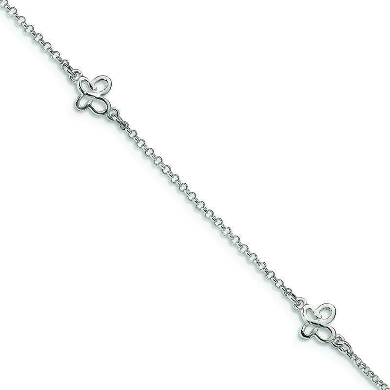 Sterling Silver Polished Butterfly 9in w-1in Ext Anklet | Weight: 2.31 grams, Length: 9mm, Width: 1.5mm - Seattle Gold Grillz