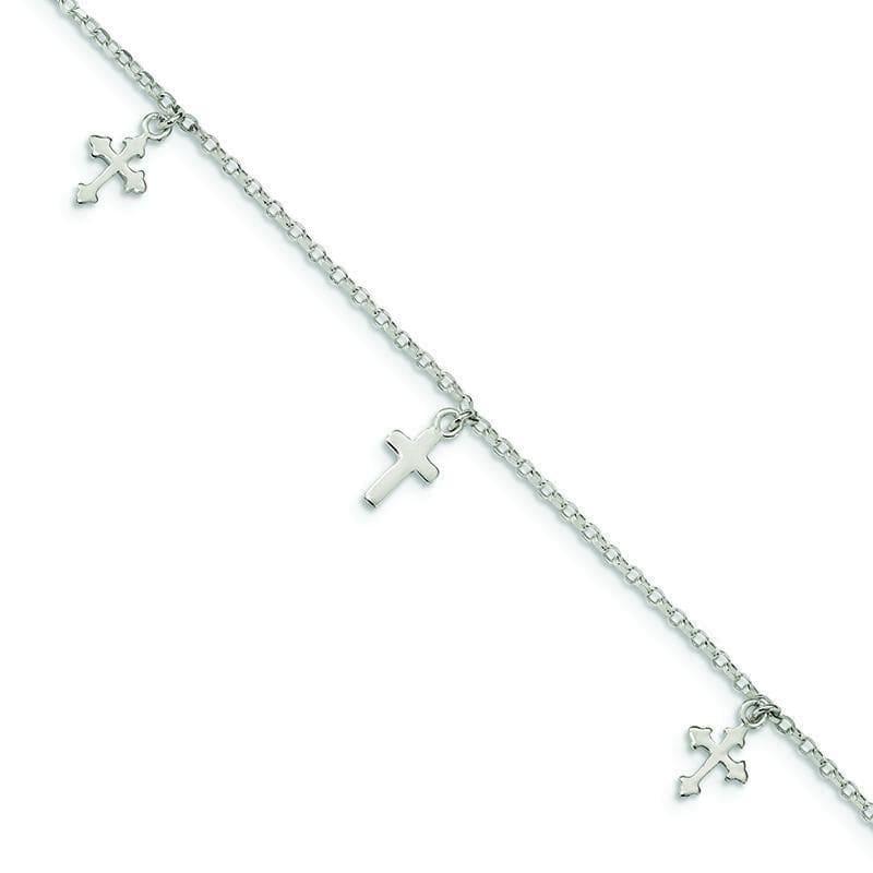 Sterling Silver Polished Cross Dangle 9in w-1in Ext Anklet | Weight: 2.16 grams, Length: 9mm, Width: 1.5mm - Seattle Gold Grillz