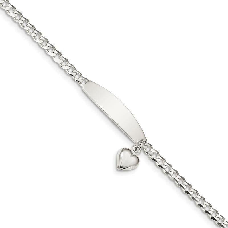 Sterling Silver Polished Curb Link ID Heart Dangle Bracelet | Weight: 5.85 grams, Length: 7.5mm, Width: 3.5mm - Seattle Gold Grillz