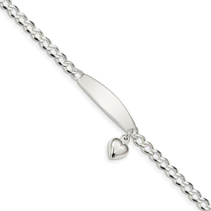 Sterling Silver Polished Curb Link ID Heart Dangle Bracelet | Weight: 6.06 grams, Length: 7.5mm, Width: 4mm - Seattle Gold Grillz