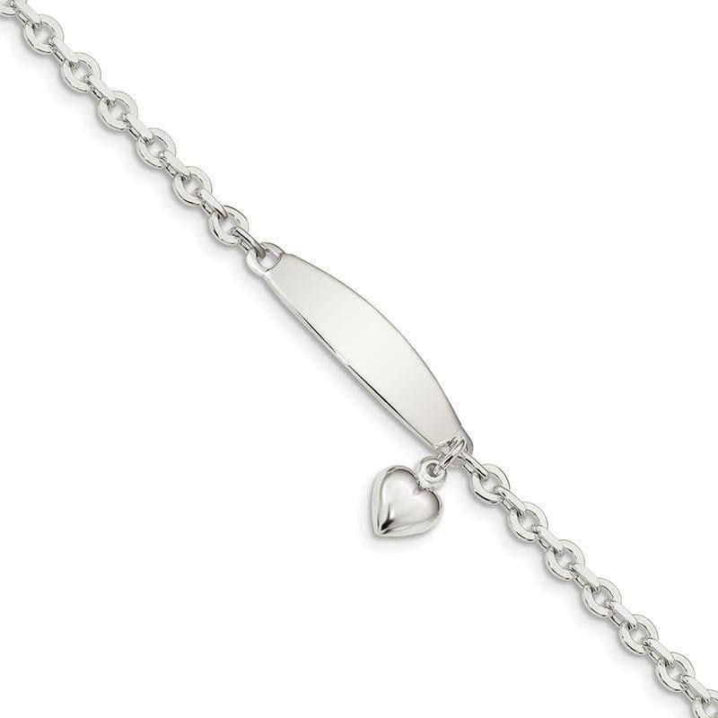 Sterling Silver Polished Curb Link ID Heart Dangle Bracelet | Weight: 6.83 grams, Length: 7.5mm, Width: 4mm - Seattle Gold Grillz