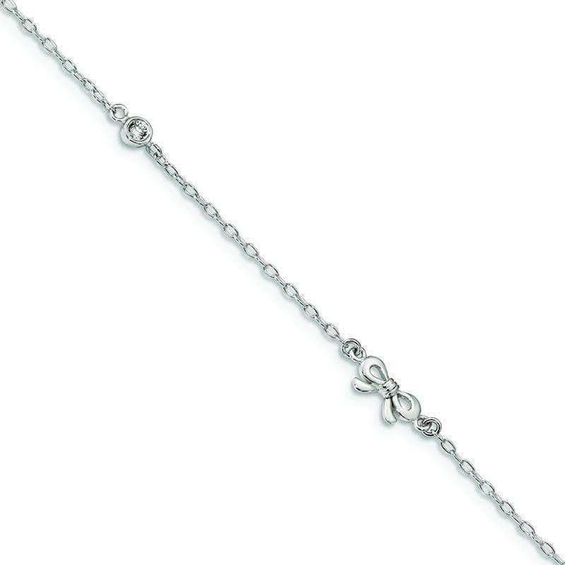 Sterling Silver Polished CZ Bow 9in w-1Ext Anklet | Weight: 1.77 grams, Length: 9mm, Width: 1.5mm - Seattle Gold Grillz