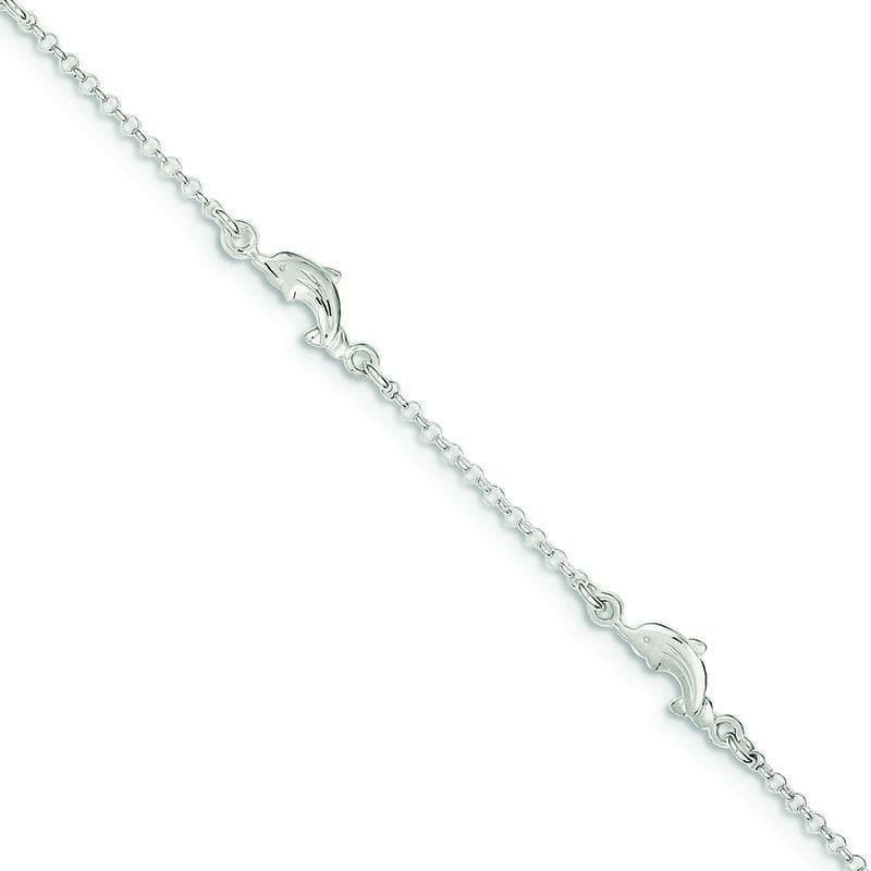 Sterling Silver Polished Dolphin w- 1in ext. Anklet - Seattle Gold Grillz