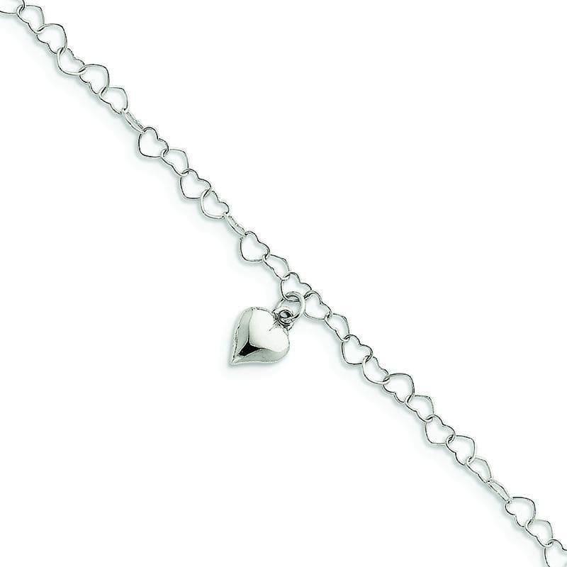 Sterling Silver Polished Fancy Link Puffed Heart with 1in ext. Anklet | Weight: 2.55 grams, Length: 9mm, Width: mm - Seattle Gold Grillz