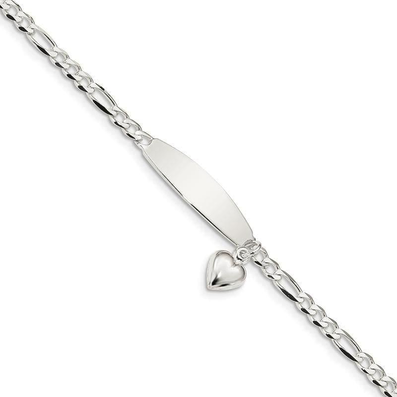 Sterling Silver Polished Figaro ID Heart Dangle Bracelet | Weight: 5.78 grams, Length: 7.5mm, Width: 3.5mm - Seattle Gold Grillz