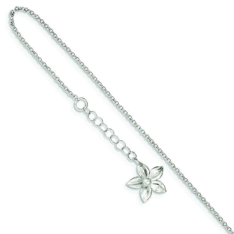 Sterling Silver Polished Flower w- 1in ext. Anklet | Weight: 2.09 grams, Length: 9mm, Width: mm - Seattle Gold Grillz