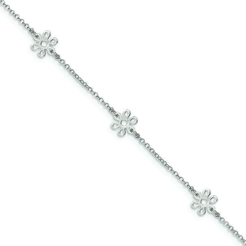 Sterling Silver Polished Flower w- 1in ext. Anklet | Weight: 2.62 grams, Length: 9mm, Width: mm - Seattle Gold Grillz