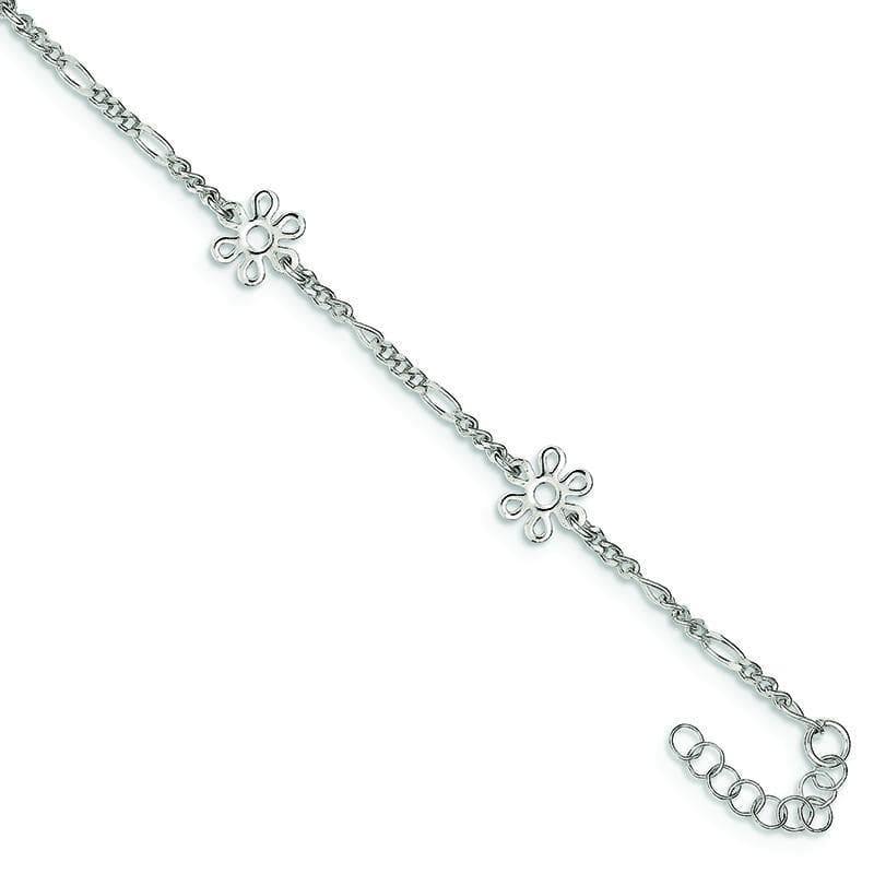 Sterling Silver Polished Flower w- 1in ext. Anklet | Weight: 3.15 grams, Length: 9mm, Width: mm - Seattle Gold Grillz