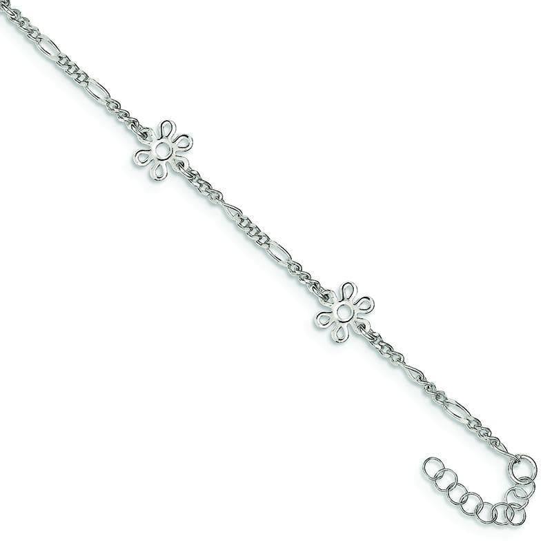 Sterling Silver Polished Flower w- 1in ext. Anklet | Weight: 3.15 grams, Length: 9mm, Width: mm - Seattle Gold Grillz