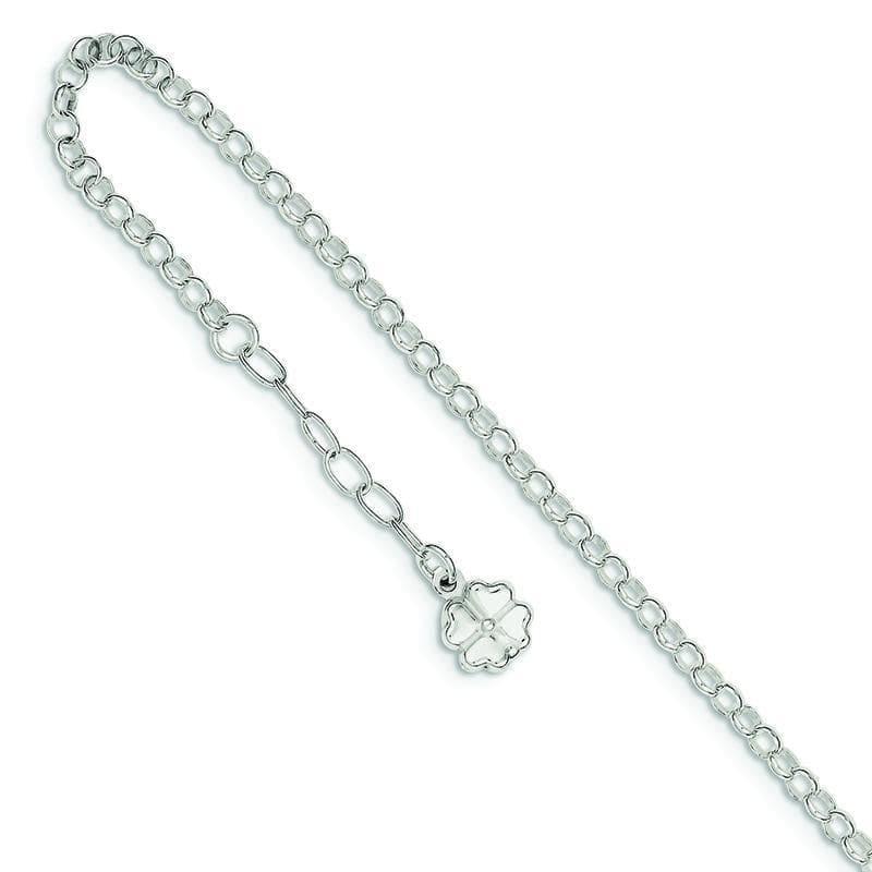 Sterling Silver Polished Four Leaf Clover with 1in ext. Anklet | Weight: 3.98 grams, Length: 9mm, Width: mm - Seattle Gold Grillz