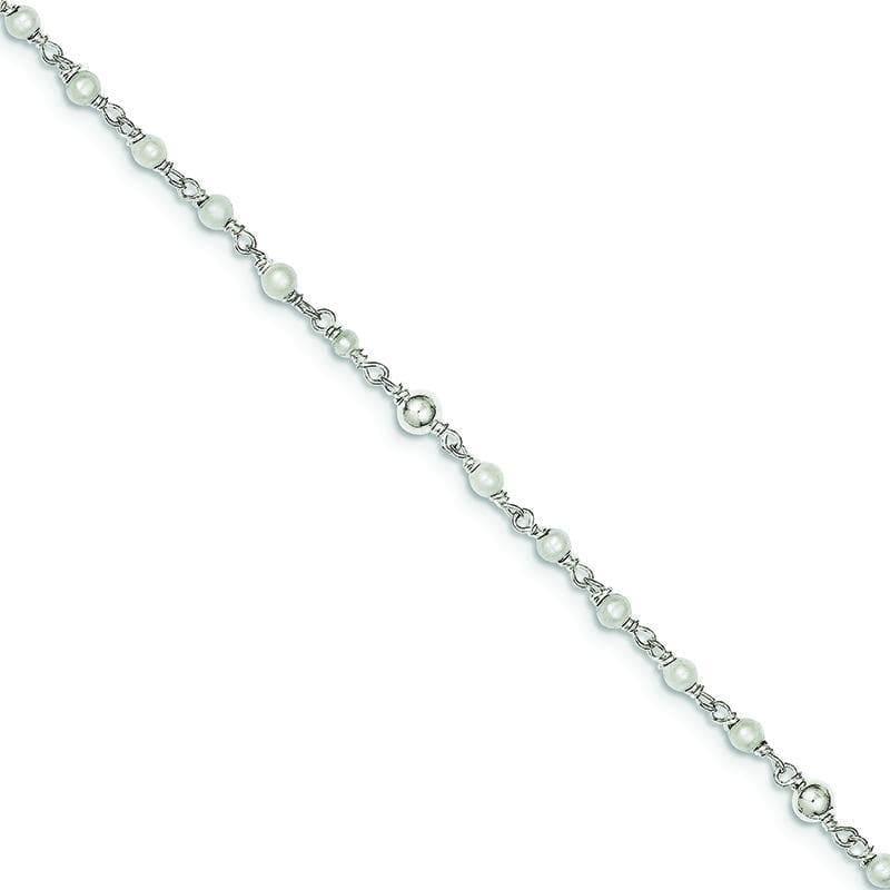 Sterling Silver Polished FW Cultured Pearl & Heart Anklet | Weight: 2.6 grams, Length: 10mm, Width: 0mm - Seattle Gold Grillz