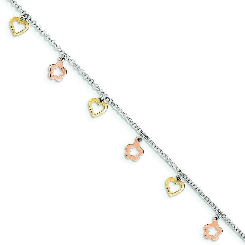 Sterling Silver Polished Gold & Rose-tone Heart Flower w- 1in ext. Anklet - Seattle Gold Grillz