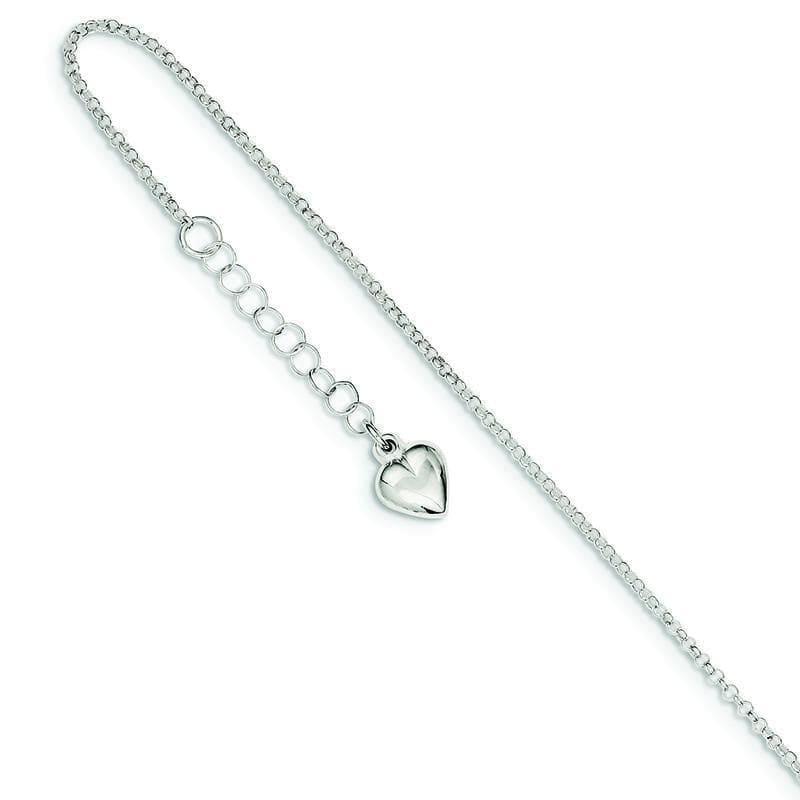 Sterling Silver Polished Heart w- 1in ext. Anklet | Weight: 2.15 grams, Length: 9mm, Width: mm - Seattle Gold Grillz