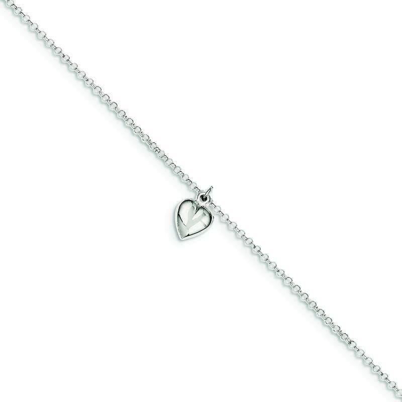 Sterling Silver Polished Heart w- 1in ext. Anklet | Weight: 2.16 grams, Length: 9mm, Width: mm - Seattle Gold Grillz