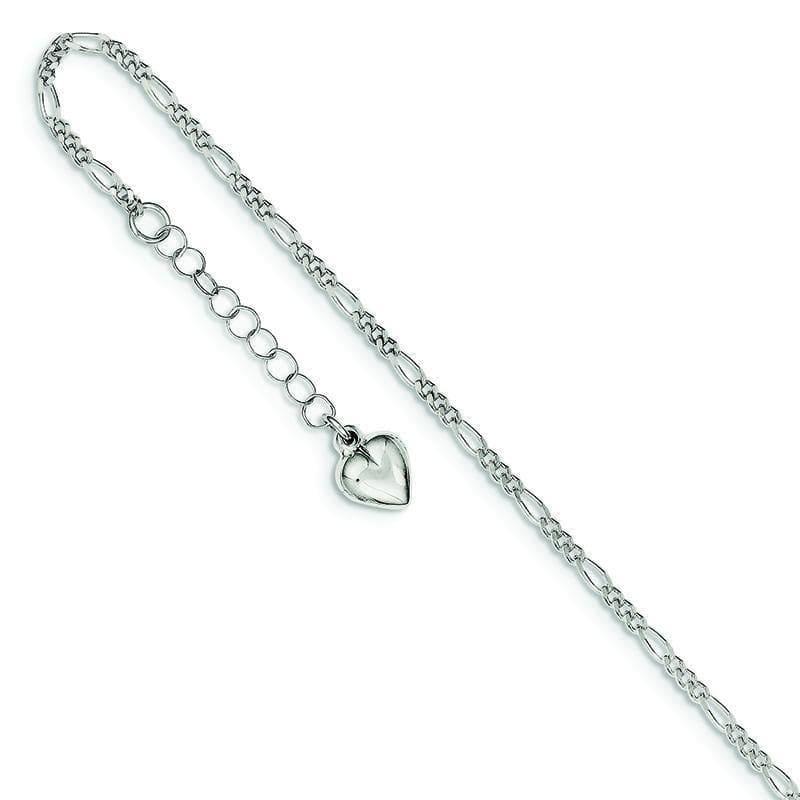 Sterling Silver Polished Heart w- 1in ext. Anklet | Weight: 2.88 grams, Length: 9mm, Width: mm - Seattle Gold Grillz