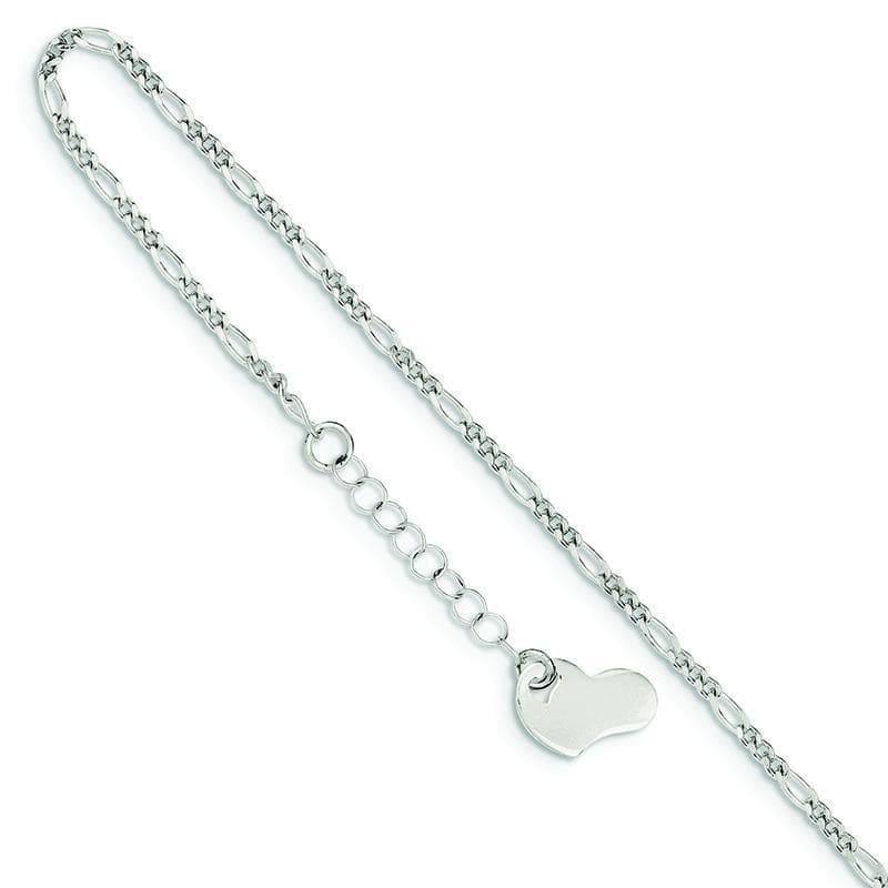 Sterling Silver Polished Heart w- 1in ext. Anklet | Weight: 2.93 grams, Length: 9mm, Width: mm - Seattle Gold Grillz