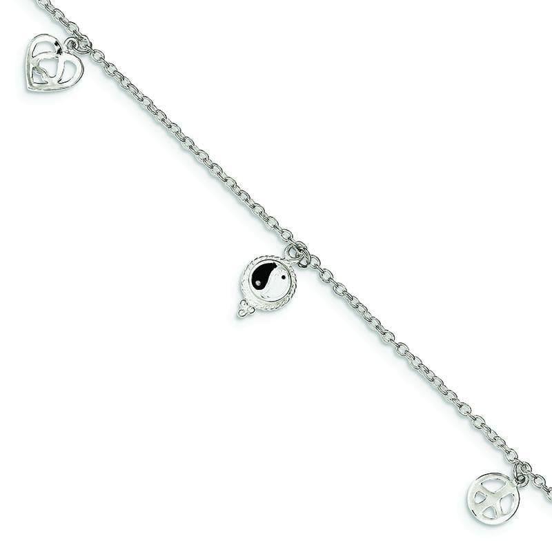 Sterling Silver Polished Hearts & Peace Sign 8in with 1in ext Anklet | Weight: 3.56 grams, Length: 9mm, Width: 0mm - Seattle Gold Grillz