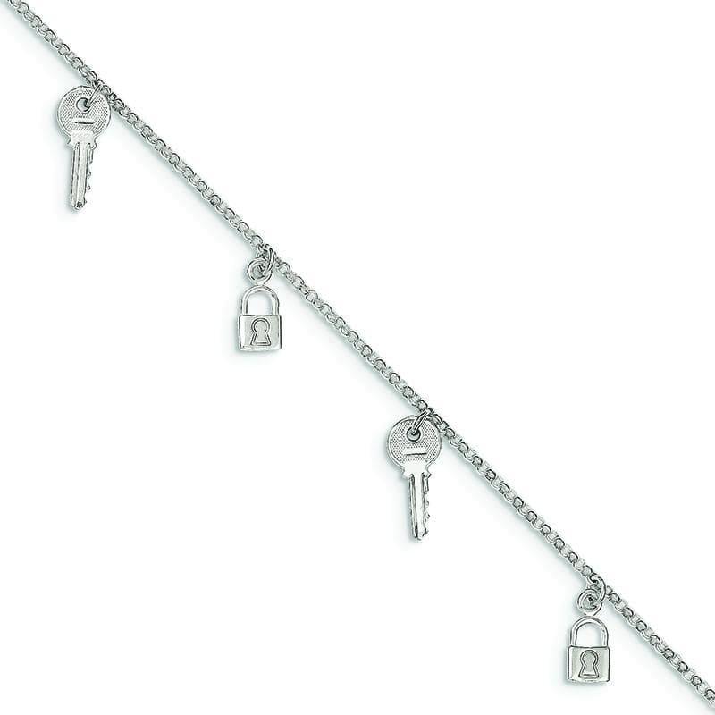 Sterling Silver Polished Lock & Key Anklet | Weight: 3.83 grams, Length: 10mm, Width: mm - Seattle Gold Grillz
