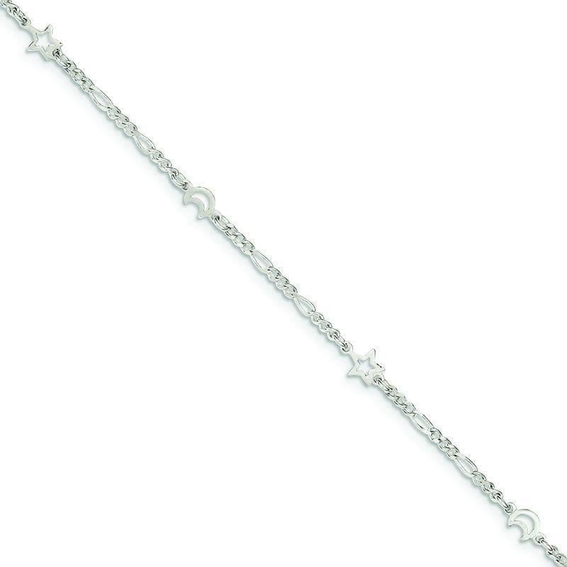 Sterling Silver Polished Moon and Star w- 1in ext. Anklet | Weight: 2.7 grams, Length: 9mm, Width: mm - Seattle Gold Grillz