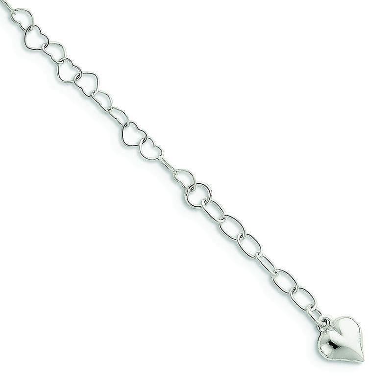 Sterling Silver Polished Puffed Heart with 1in ext. Anklet | Weight: 2.49 grams, Length: 9mm, Width: mm - Seattle Gold Grillz