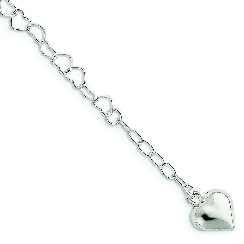 Sterling Silver Polished Puffed Heart with 1in ext. Anklet | Weight: 4.03 grams, Length: 9mm, Width: mm - Seattle Gold Grillz