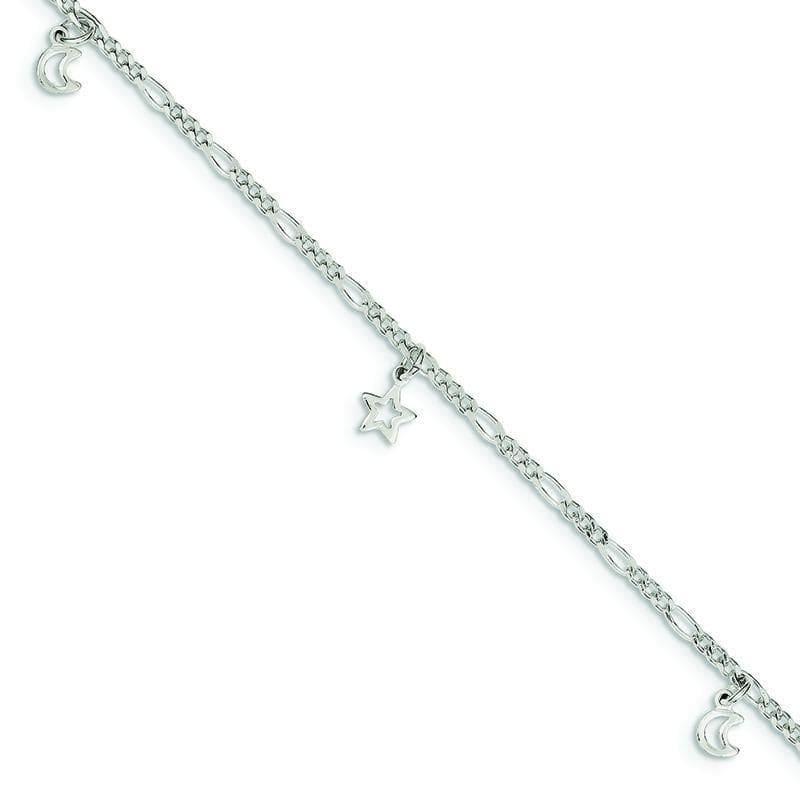 Sterling Silver Polished Star and Moon w- 1in ext. Anklet | Weight: 2.65 grams, Length: 9mm, Width: mm - Seattle Gold Grillz