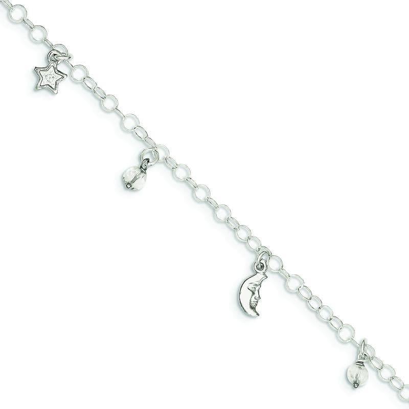 Sterling Silver Polished Sun, Moon & Stars with 1in ext. Anklet | Weight: 3.2 grams, Length: 9mm, Width: mm - Seattle Gold Grillz