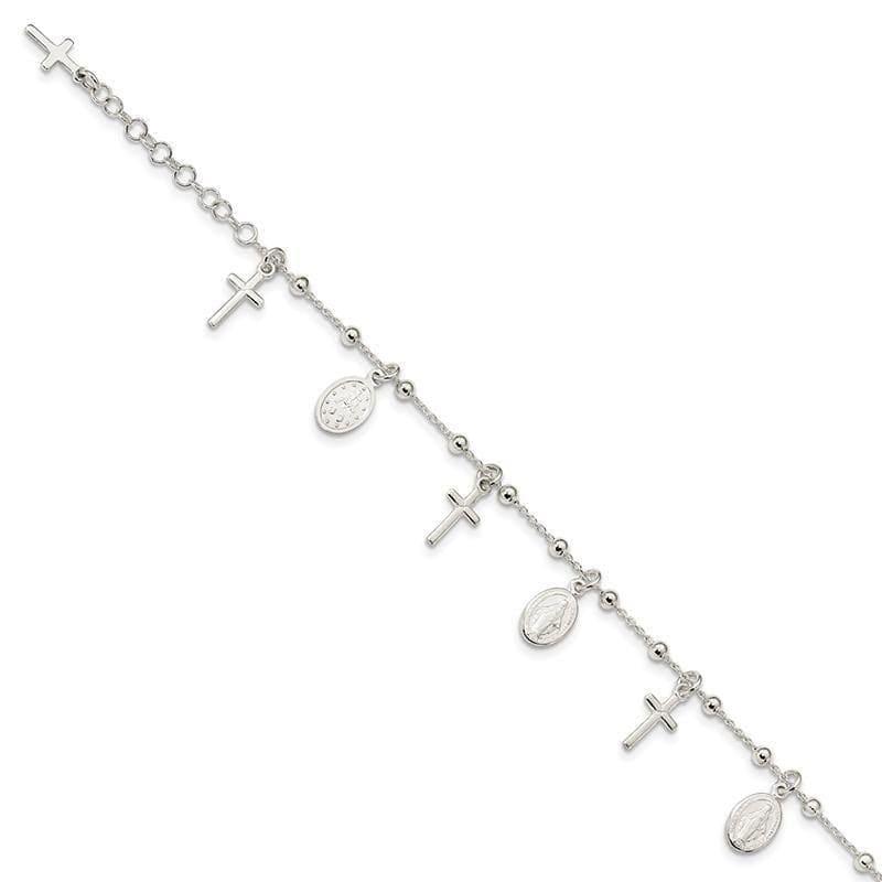Sterling Silver Polished w-1in ext Cross & Miraculous Medal Bracelet | Weight: 4.69 grams, Length: 6mm, Width: 3mm - Seattle Gold Grillz