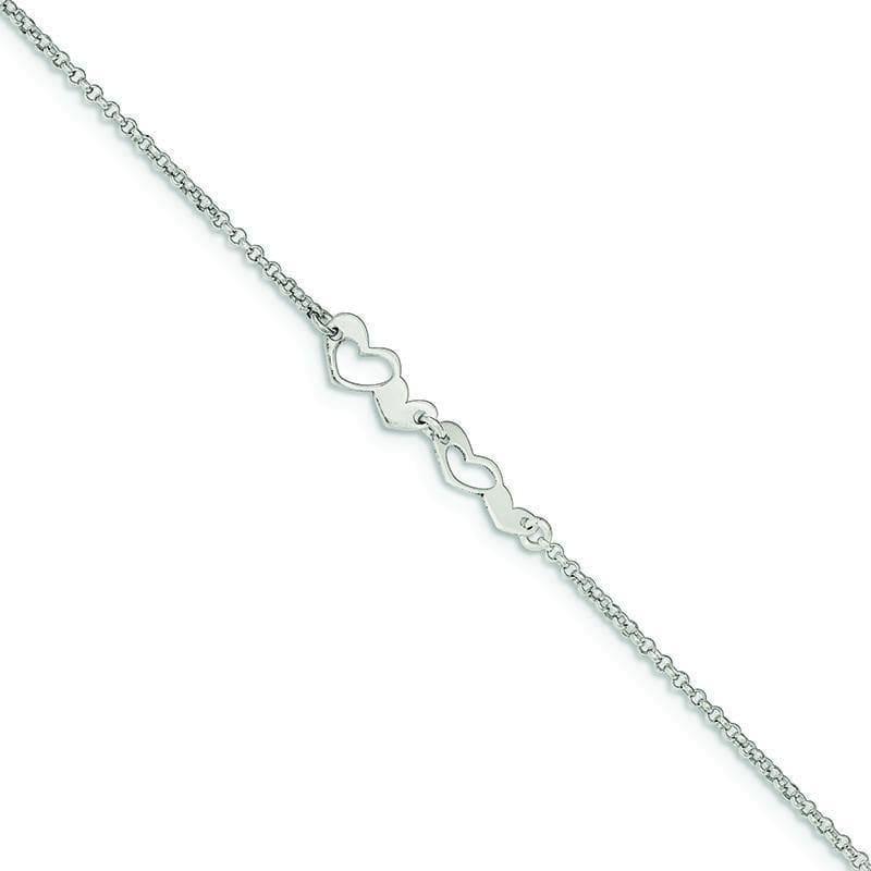 Sterling Silver Polished w-1in. Ext. Heart Anklet | Weight: 1.58 grams, Length: 9mm, Width: mm - Seattle Gold Grillz