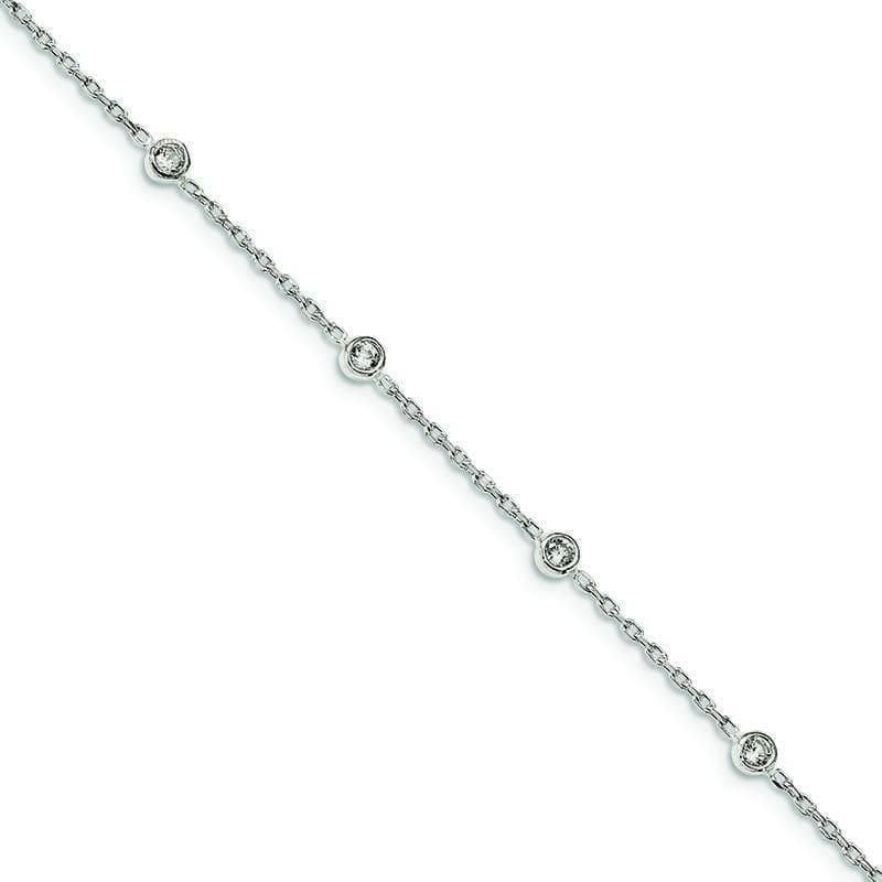 Sterling Silver Polished w-CZ 9 inch w-1 inch ext. Anklet | Weight: 3.09 grams, Length: 9mm, Width: 1mm - Seattle Gold Grillz