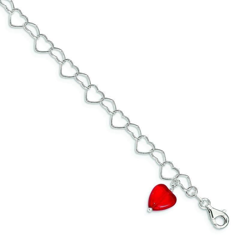 Sterling Silver Red Synthetic Crystal stone Heart Link Anklet | Weight: 4 grams, Length: 10mm, Width: mm - Seattle Gold Grillz