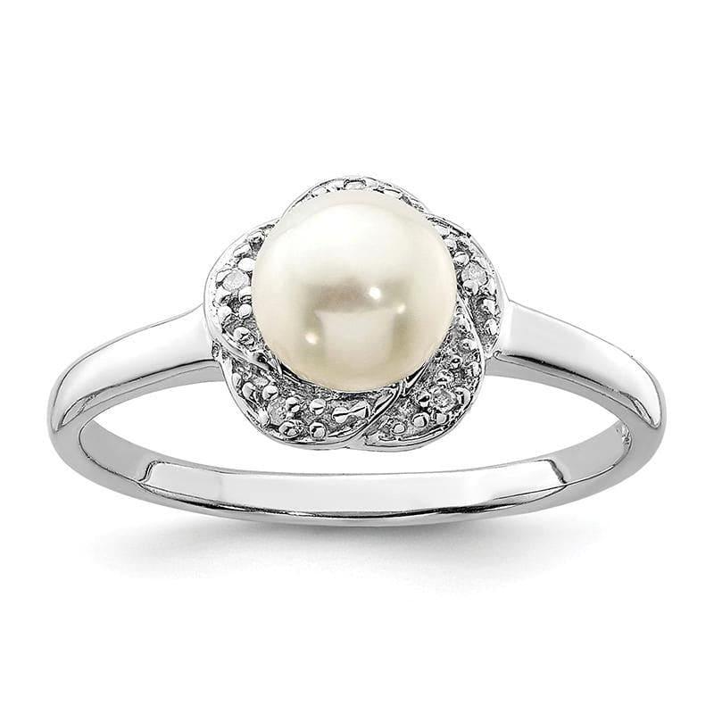Sterling Silver Rhodium 6mm FW Cultured Button Pearl & Diamond Ring - Seattle Gold Grillz