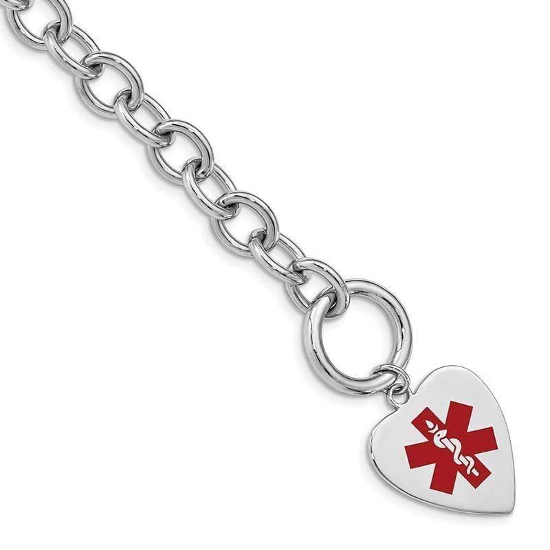 Sterling Silver Rhodium Engraveable Enamel Heart Medical ID Bracelet | Weight: 18.78 grams, Length: 23mm, Width: 18mm - Seattle Gold Grillz