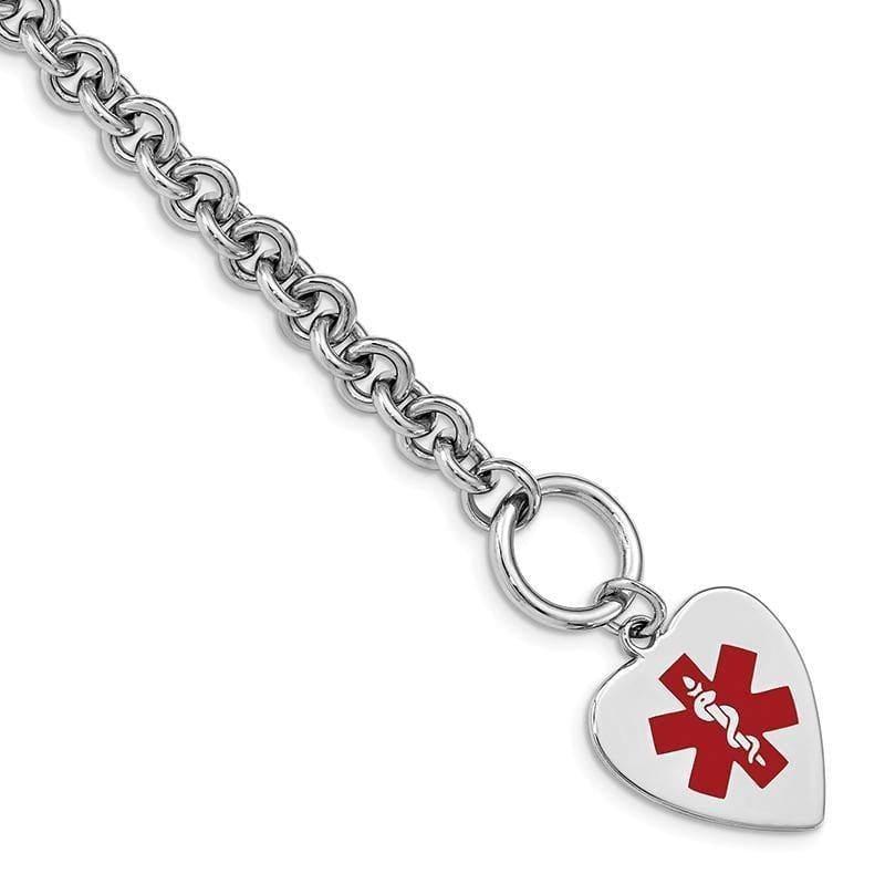 Sterling Silver Rhodium Engraveable Enameled Heart Medical ID Bracelet | Weight: 17.19 grams, Length: 23mm, Width: 18mm - Seattle Gold Grillz