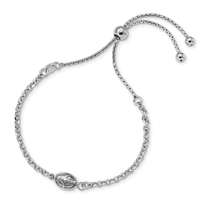 Sterling Silver Rhodium-Plate Miraculous Medal Adjustable 4-9in Bracelet | Weight: 3.66 grams, Length: mm, Width: 2.74mm - Seattle Gold Grillz