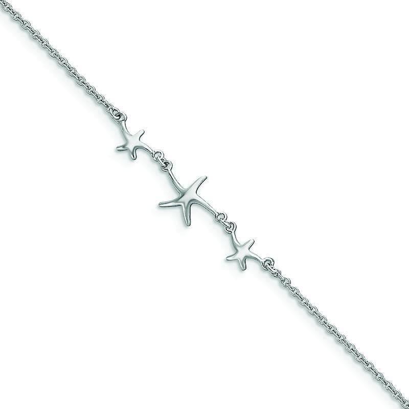 Sterling Silver Rhodium-plated 10in w-1in ext Three Stars Anklet | Weight: 2 grams, Length: 10mm, Width: mm - Seattle Gold Grillz