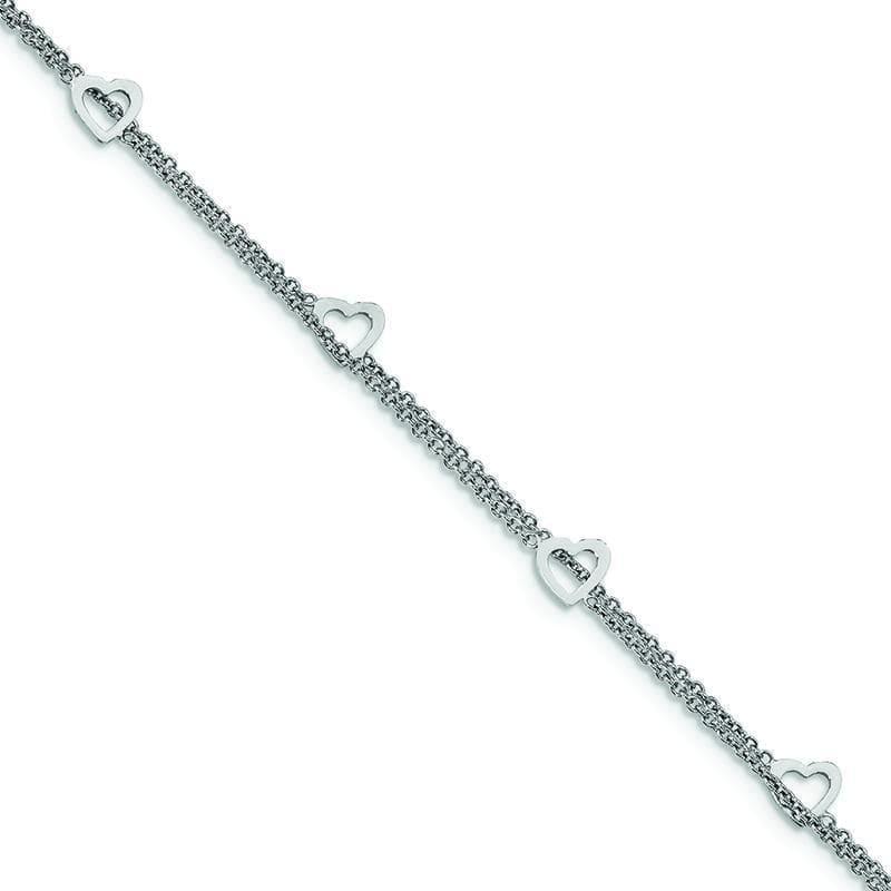Sterling Silver Rhodium-plated 2-Strand w-1in ext. Heart Anklet | Weight: 2.19 grams, Length: 9mm, Width: 1mm - Seattle Gold Grillz