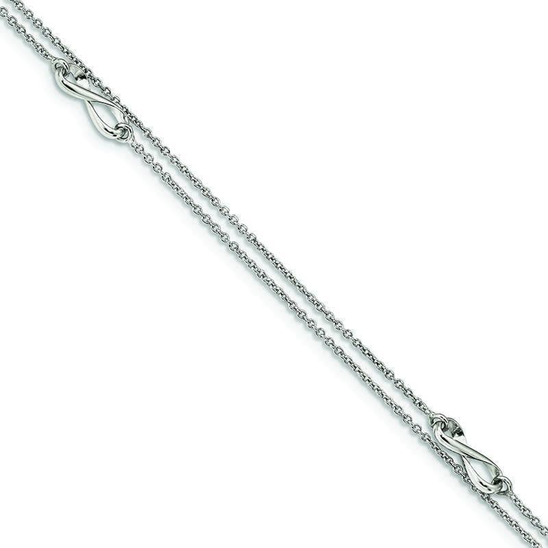 Sterling Silver Rhodium-plated 2-Strand w-1in ext. Infinity Anklet | Weight: 2.71 grams, Length: 9mm, Width: 1mm - Seattle Gold Grillz