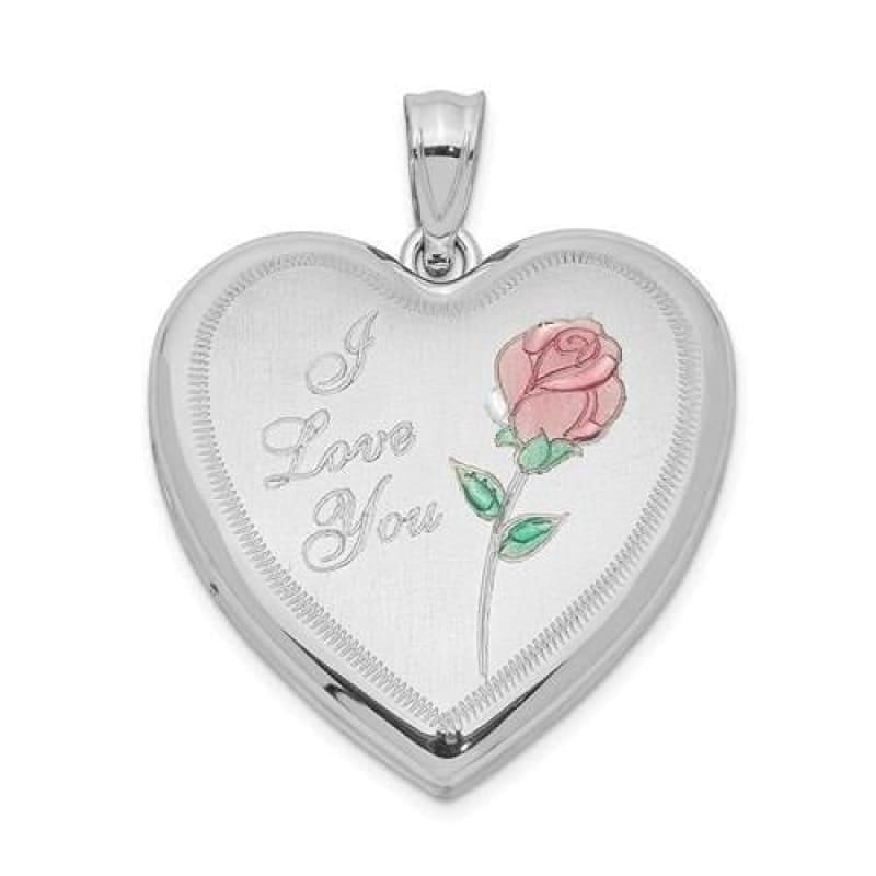 Sterling Silver Rhodium-plated 24mm Enameled Rose Heart Locket - Seattle Gold Grillz